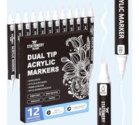 STATIONERY ISLAND Marqueurs Acryliques Blancs - 12 Stylos Acrylique Double Pointe Fine & Pinceau - Feutres Acrylique Peinture à Base d’Eau pour Pierre, Verre, Bois, Céramique, Métal, Tissu et Plus
