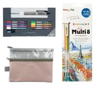 Stationery Set (3 pièces) - PH802ST + XPH804ST Art Multi - Fabriqué au Japon - Étui à stylo rose inclus