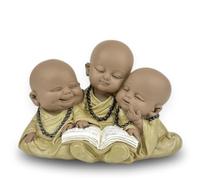 Statue 3 Bouddhas Bonze Lecture - Figurine inspirante et Joyeuse - Porte-Bonheur Positivité Concentration- Idée Cadeau Mignonne et Spirituelle -H 9 cm - Zen’Light, Marron & Beige