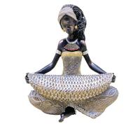 Statue Africaine et coupelle Vide Poche, Aspect Fibres tressées, résine, Visage angélique et Collection DAKA, Hauteur 22 cm