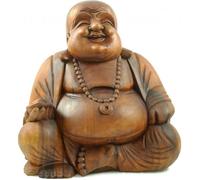 Statue Bouddha chinois rieur en bois sculpté 40cm Marron