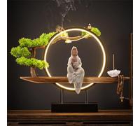 Statue Bouddhiste en céramique avec brûleur d'encens et Lampe Circulaire LED, Lampe Murale 3D représentant Un Bouddha, décoration Murale Zen pour Salon, Porche, A
