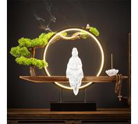 Statue Bouddhiste en céramique avec brûleur d'encens et Lampe Circulaire LED, Lampe Murale 3D représentant Un Bouddha, décoration Murale Zen pour Salon, Porche, A