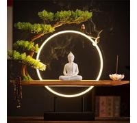Statue Bouddhiste en céramique avec brûleur d'encens et Lampe Circulaire LED, Lampe Murale 3D représentant Un Bouddha, décoration Murale Zen pour Salon, Porche, 01