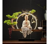 Statue Bouddhiste en céramique avec brûleur d'encens et Lampe Circulaire LED, Lampe Murale 3D représentant Un Bouddha, décoration Murale Zen pour Salon, Porche, 04