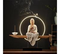 Statue Bouddhiste en céramique avec brûleur d'encens et Lampe Circulaire LED, Lampe Murale 3D représentant Un Bouddha, décoration Murale Zen pour Salon, Porche, 04