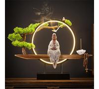 Statue Bouddhiste en céramique avec brûleur d'encens et Lampe Circulaire LED, Lampe Murale 3D représentant Un Bouddha, décoration Murale Zen pour Salon, Porche, A