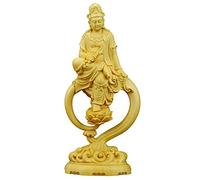 Statue Bouddhiste Figurine Quan Eau Lune Sculpture en Buis, Kwan Yin Déesse de la Compassion Ornement avec Tableau de Bord de Voiture Décoration de Bureau à Domicile, Bois