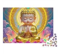 Statue de Bouddha 1000 pièces Puzzle Loisir pour Adultes, Mignon bébé Bouddha sur Un Lotus doré avec auréole, épais Robuste Haute qualité Difficile Anti-Stress 38x26cm/1000pcs
