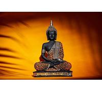 Statue de Bouddha assis en polyrésine pour décoration de la maison Diwali, orange et noir, 24 cm, 1 pièce
