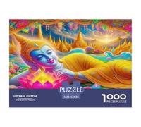 Statue de Bouddha couché près d'un Lotus dans Un décor Vibrant - Puzzle de 1000 pièces en Carton 100% recyclé - Bouddha couché près d'un Lotus - 52 x 38 cm - 1000 pièces