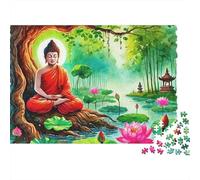 Statue de Bouddha Difficile 1000 pièces Puzzle pour Adultes, Bouddha méditant sous Un Arbre près d'un étang de Lotus, épais Robuste Haute qualité Vibrant Difficile Anti-Stress 38x26cm/1000pcs