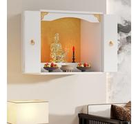 Statue De Bouddha Murale Avec Table D'autel,Sanctuaire En Bois Avec Portes Pliantes,Autel De Prière Et De Méditation Mural,Table D'offrande For Sanctuaire Domestique(White)