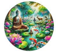Statue de Bouddha Puzzle 1000 Pièces Fleur de Lotus Ronde Puzzle Jeu Éducatif Challenge Toy Décoration Murale pour Jeux D'activités Familiales 1000pcs (67.5x67.5cm)