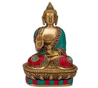 Statue de Bouddha, sculpture de méditation en laiton avec incrustation rouge turquoise, traditionnel Vitarka Mudra, décoration d'intérieur religieuse, 17,8 cm (Bouddha Vitarka en laiton)