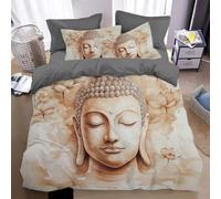 Statue de Bouddha Sets Housses Couettes 200x200 cm Fermeture Éclair 3 Pièces Microfibre + 2 Taies d'oreiller 65x65 cm Statue Bouddha beige Parure de Lit Adulte 2 Personne Ensemble Literie Douce