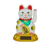 Statue de chat Maneki Neko agitant à l'énergie solaire avec support doré et récepteur solaire intégré pour la lumière du jour (blanc)