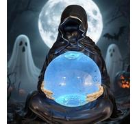 Statue de faucheuse avec boule de cristal chauve-souris volante, lumière LED pour Halloween, boules de cristaux lumineuses, statue d'Halloween du dieu de la mort, figurine mystérieuse de chauve-souris