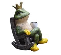 Statue de jardin décorative Prince grenouille, chaise à bascule, couronne verte et dorée, figurine de grenouille fabriquée à la main - Décoration en bois naturel (17 cm de haut) - Décoration