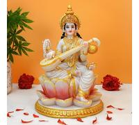 Statue de la déesse hindoue Saraswati - 22 cm H aspect marbre grande idole indienne Saraswati Figurine Inde Diwali Murti Pooja Sculpture Maison Bureau Temple Mandir Puja Article Autel Sanctuaire