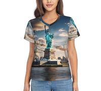 Statue de la Liberté à Nyc Imprimer Tops d'été pour femmes - Décontracté mais habillé à manches courtes en polyester pull chemises, noir, Taille S
