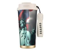 Statue de la Liberté - Bouteille d'eau avec couvercle à paille - En acier inoxydable - Large goulot - Isotherme - Anti-fuite - Pour femme - Blanc