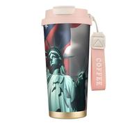 Statue de la Liberté - Bouteille d'eau avec couvercle à paille - En acier inoxydable - Large goulot - Isotherme - Anti-fuite - Pour femme - Rose