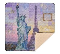 Statue de la Liberté et Tour Eiffel : Pastels Collage Art Tapis de jeu en mousse souple pour bébé Tapis de jeu confortable pour nouveau-nés, bébés, nourrissons, tout-petits, 127 x 127 cm