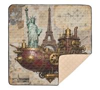 Statue de la Liberté et Tour Eiffel : Steampunk Airship Art Grand tapis de jeu antidérapant pour bébé lavable au sol Tapis de jeu pour bébés, nourrissons et tout-petits, 127 x 127 cm
