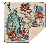 Statue de la Liberté et Tour Eiffel : Tatouage - Style Art Tapis de jeu doux et épais pour bébé résistant à l'eau Tapis de jeu pour bébés, nourrissons et tout-petits, 127 x 127 cm