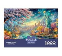Statue de la Liberté par Ville, Cerisier et rivière Puzzle De 1000 Pièces Architecture Fantastique Cadeau Parfait pour Garçons, Filles, Hommes Et Femmes 70x50cm/1000pcs