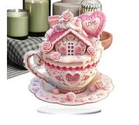 Statue de la maison de tasse à café rose, sculpture à la maison, tasse à café de la Saint-Valentin, décoration de bureau à la maison - 2D acrylique rose tasse d'amour maison café décor de table