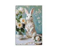 Statue de lapin blanc debout à côté de pivoines blanches - Art mural moderne sur toile - Décoration esthétique - 50 x 75 cm - Style sans cadre