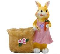 Statue de lapin en résine pour extérieur, pot de fleurs, pelouse, cour, décoration de jardin de Pâques, pot de fleurs, figurine de lapin pastorale avec trou de drainage mignon (femme jaune)