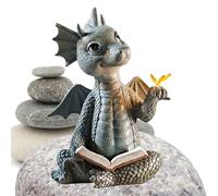 Statue de lecture de dragon - Figurine de livre de fantaisie art mythique en résine, accent décoratif pour étagère | Conception détaillée de taille d'échelle d'aile, finition sculptée résistante aux