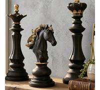 Statue de pièce d'échecs moderne, accents dorés, sculpture élégante de roi et de cavalier, convient pour la table basse du salon, décoration de bureau de maison de luxe, ornement minimaliste noir et b