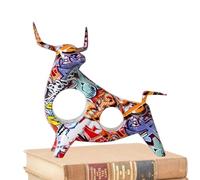 Statue de taureau colorée | Sculpture de taureau en résine graffiti | Statue d'animal, décoration de table pour salon, bibliothèque, lieu de travail