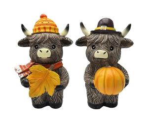 Statue De Vache Des Highlands - Figurines De Bétail Des Highlands En Résine, Lot De 2 Décorations D'automne Pour Thanksgiving | Ornements De Vache Avec Citrouilles Pour La Maison, Cheminée, Table À Ma