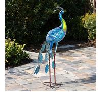 Statue décorative de jardin Paon en métal multicolore 83 cm, pieds cerclés et piquets de sol