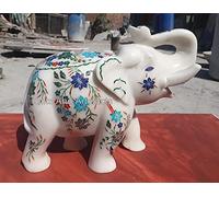 Statue d'éléphant majestueux incrustée de pierres naturelles pour couloir et salon - 20,3 cm - Statue d'éléphant en marbre blanc avec un look élégant | Cadeau de pendaison de crémaillère