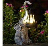 Statue éléphant de jardin avec lampe solaire LED - Figurine décorative grise résistante aux intempéries