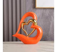 Statue en céramique à Double cœur,Coeur élégant pour la décoration,décoration de Maison créative Moderne,Décoration de Table,Décoration Salon,Convient comme Cadeau, Hauteur 25,5 cm (Orange Or D)