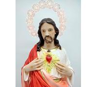 Statue Sacré Cœur de Jésus en résine 40 cm (15,75 pouces) avec auréole lumineuse adaptée pour l'intérieur et l'extérieur
