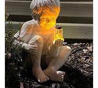 Statue solaire de jardin enfant avec lucioles - Pot en résine pour garçon et fille