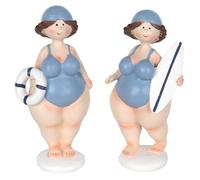 Statuette Baigneuse Rétro en Polyrésine Set de 2, Décoration Bord de Mer avec Bouée et Surf 17,5cm