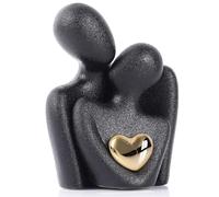 Statuette Couple Romantique en Céramique Noire 12 cm, Sculpture Abstraite avec Cœur Doré, Figurine Amour pour Décoration Salon/Chambre, Cadeau Saint-Valentin, Anniversaire, Mariage (12 cm, Noir)