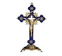 Statuette de crucifix debout Jésus Christ sur la croix pour bureau église à collectionner (bleu)