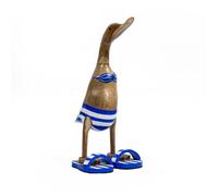Statuette décorative 40 cm canard bleu blanc rayé en teck - DAFLY Meubletmoi