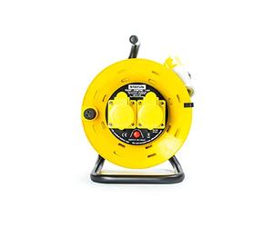 STATUS Enrouleur de câble à 2 prises - 25 m - Jaune - 16 A - 110 V - Découpe thermique - Sûr pour l'extérieur - Idéal pour le travail sur chantier, les outils électriques, le bricolage - S25M