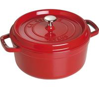 Cocotte en fonte ronde rouge cerise 24 cm avec couvercle à bouton laiton